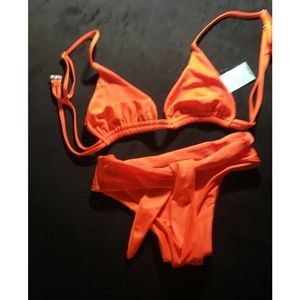 Full 2 pcs Bikini Orange bikini Large bra Top Ten- bottom Small see video